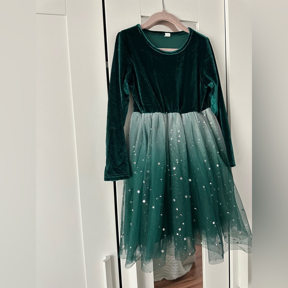 Girl’s Dress in Emerald Green Velvet & Tulle Stars Small